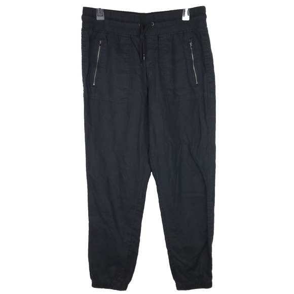 Athleta Cabo Linen Jogger Pant Drawstring Elastic Waist Black Zip Pockets 8 FLAW - Picture 1 of 14